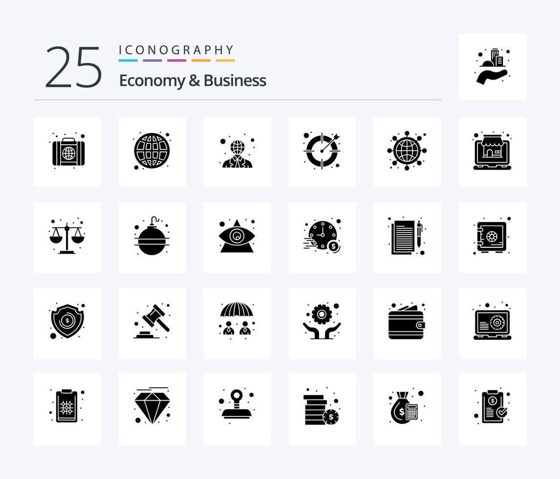ekonomi och företag 25 fast glyf ikon packa Inklusive bred. kontor. kommunikation. jobb. företag vektor
