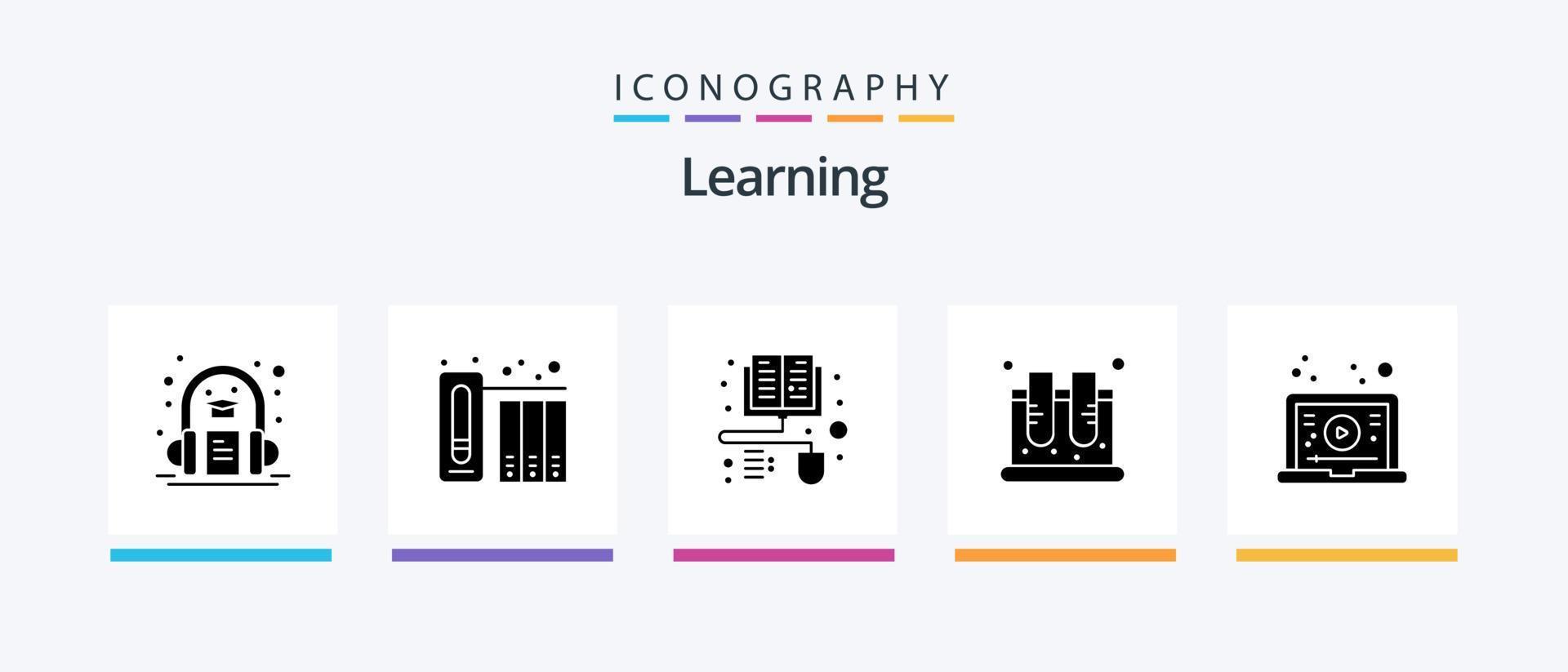inlärning glyf 5 ikon packa Inklusive inlärning. testa. böcker. vetenskap. burk. kreativ ikoner design vektor
