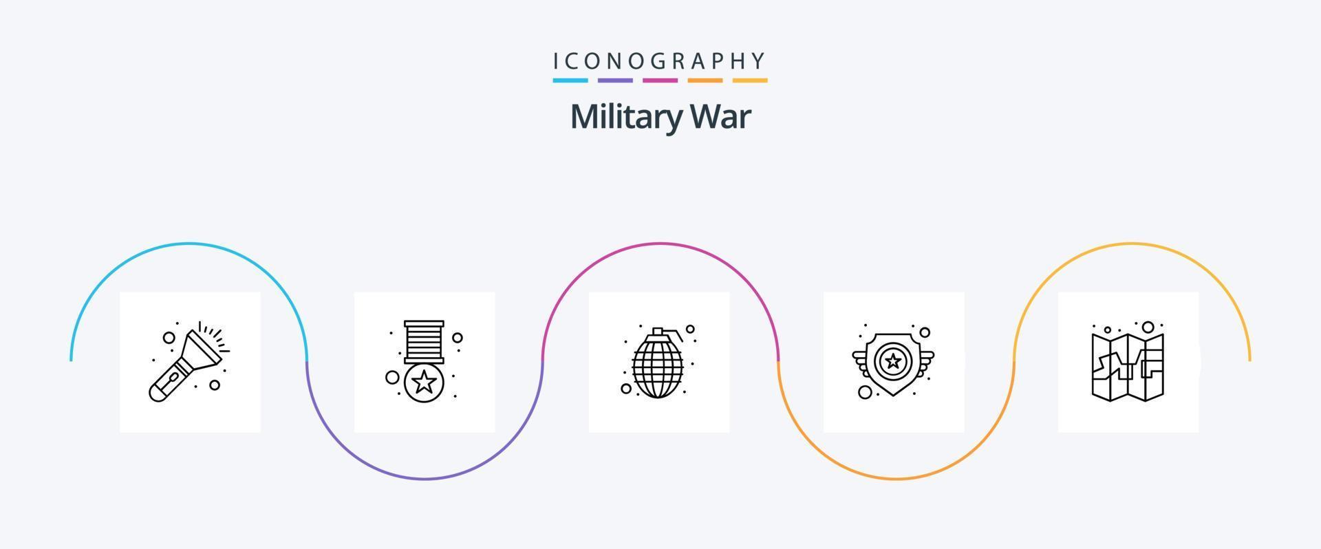 Military War Line 5 Icon Pack inklusive Ort. Schild. Bombe. Stern. Armee vektor