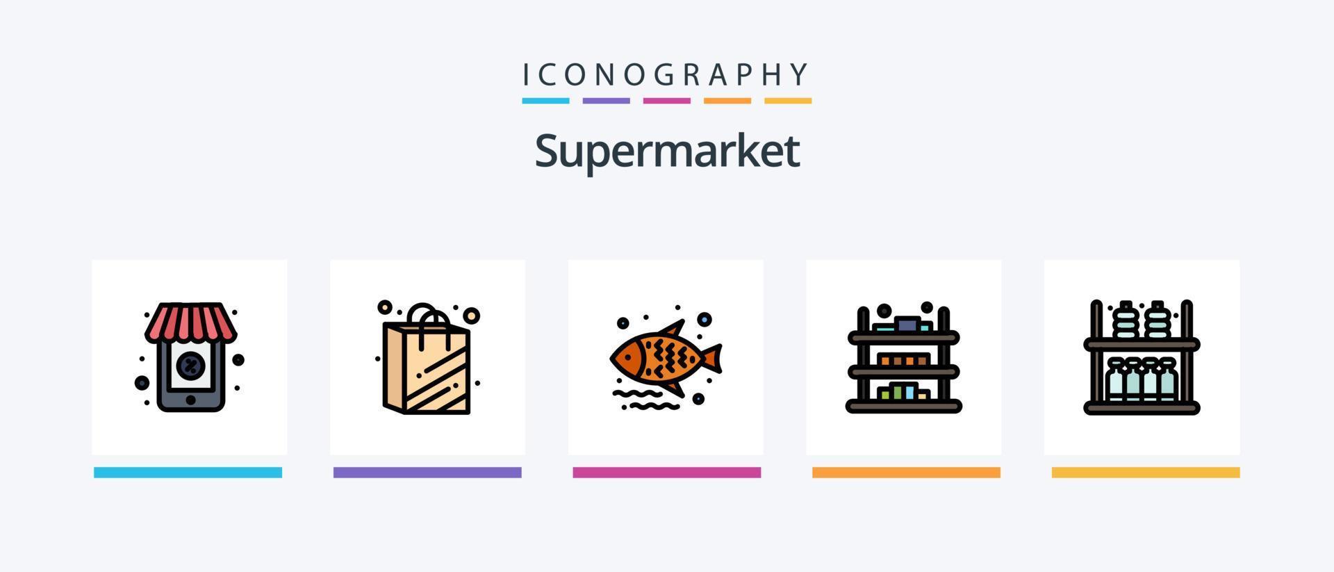Supermarktlinie gefüllt 5 Icon Pack inklusive Mehlsack. Frucht. Finanzen. Supermarkt. Lebensmittelgeschäft. kreatives Symboldesign vektor