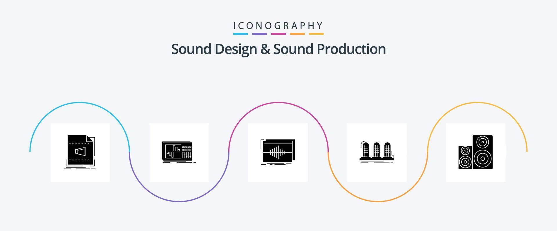 Sounddesign und Soundproduktion Glyph 5 Icon Pack inklusive Lampe. Verstärker. Klang. Welle. Hertz vektor