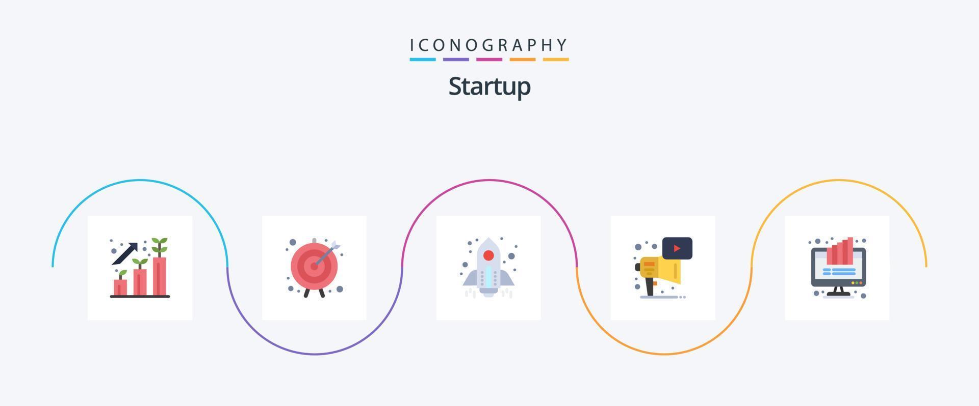 börja platt 5 ikon packa Inklusive Diagram. spela. raket. megafon. reklam vektor