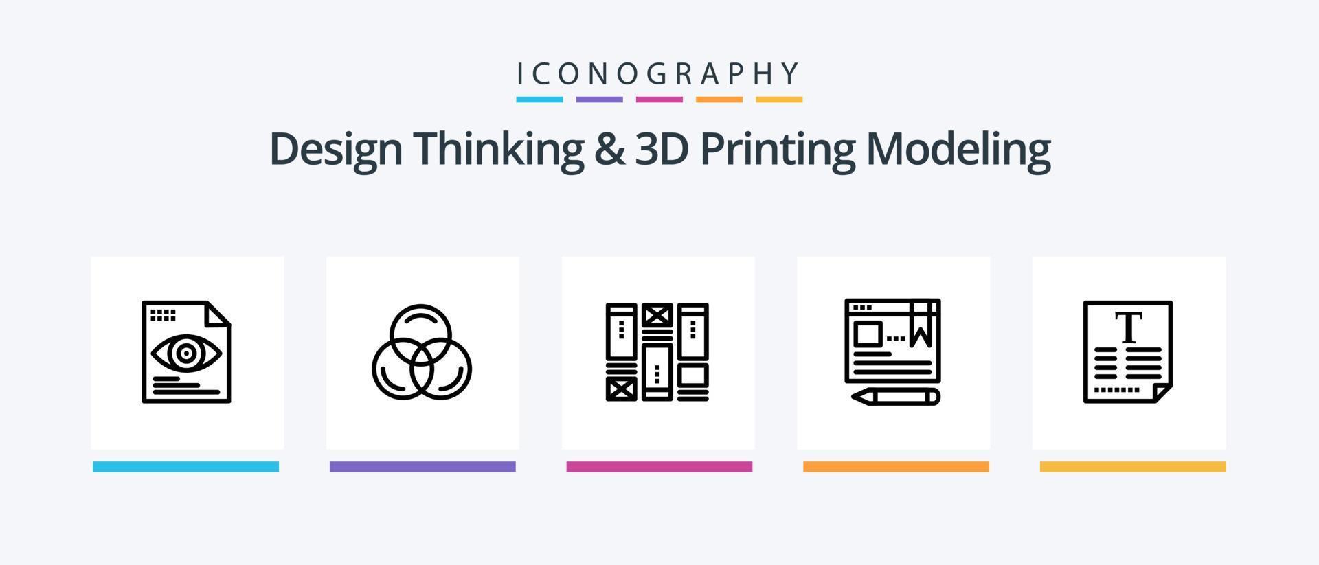 Design Thinking und D Printing Modeling Line 5 Icon Pack inklusive Browser. Wireframing. Vektor. Maus. kreatives Symboldesign vektor