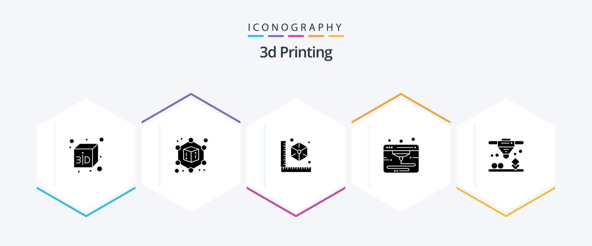 3D-Druck-Symbolpaket mit 25 Glyphen, einschließlich . Direkte. Gerät. d Drucken. webd vektor