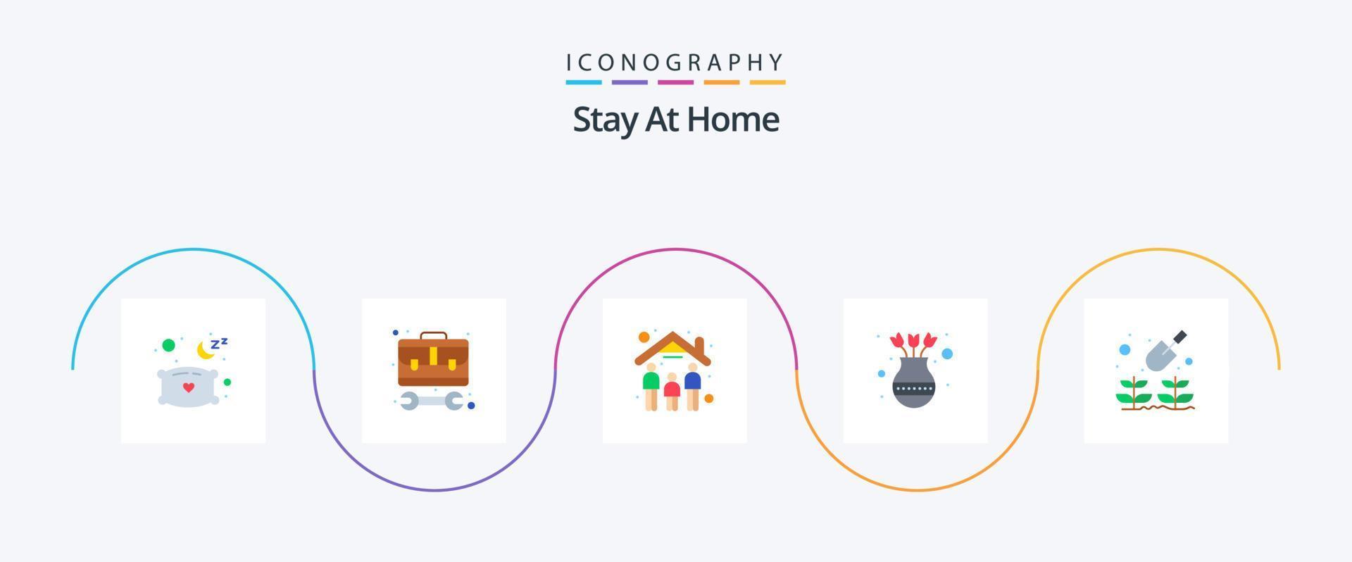stanna kvar på Hem platt 5 ikon packa Inklusive pott. möbel. arbete. blomma. dekoration vektor