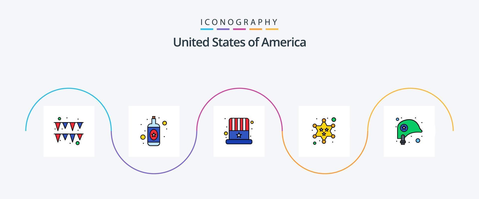 USA linje fylld platt 5 ikon packa Inklusive stjärna. hjälm. hatt. huvud. polis vektor