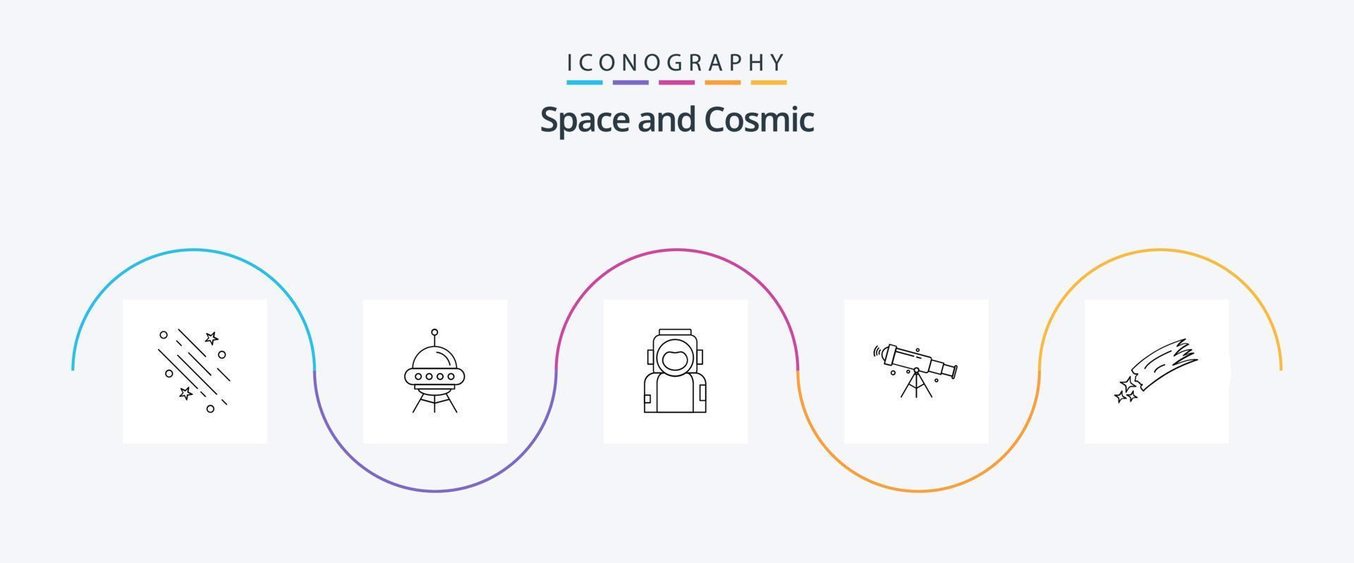 Plats linje 5 ikon packa Inklusive astronomi. kostym. raket. hjälm. Plats vektor