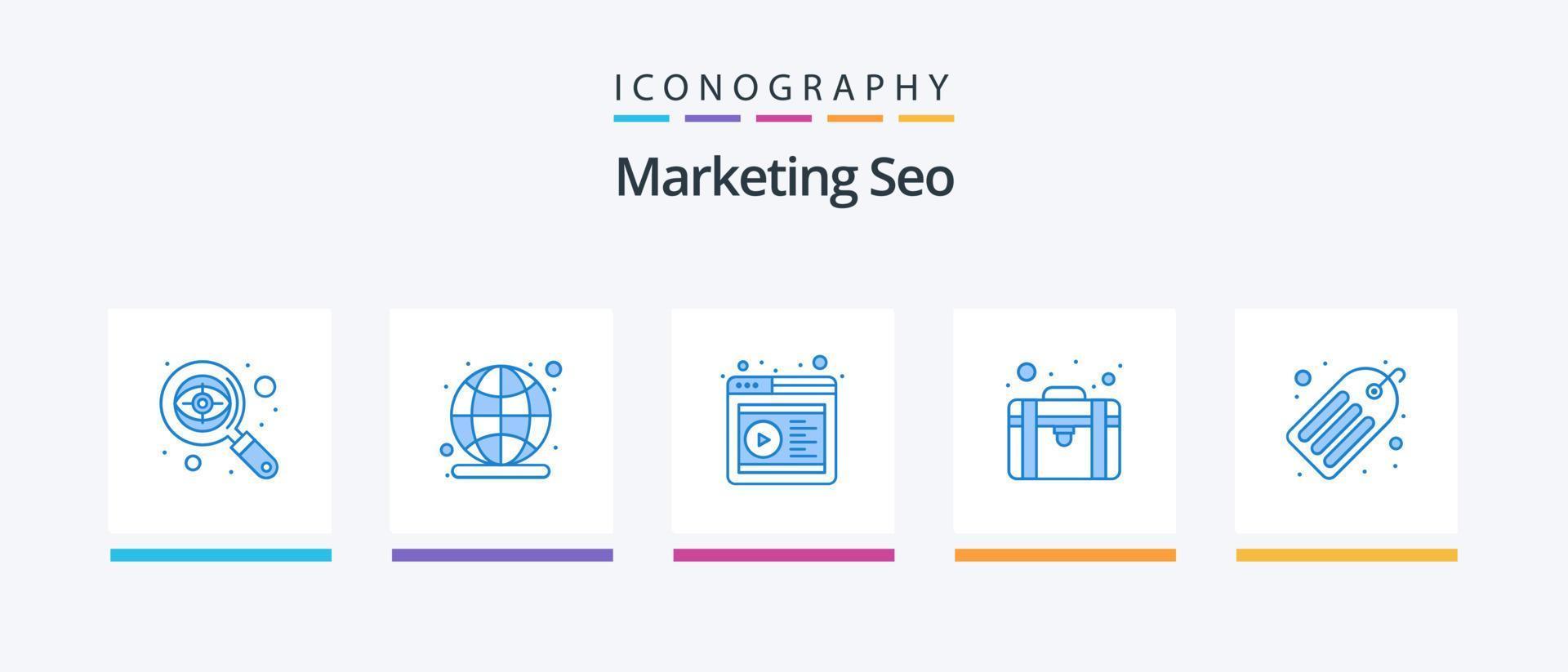 Marketing SEO Blue 5 Icon Pack inklusive SEO. SEO-Dienste. Laptop. SEO-Paket. Portfolio. kreatives Symboldesign vektor