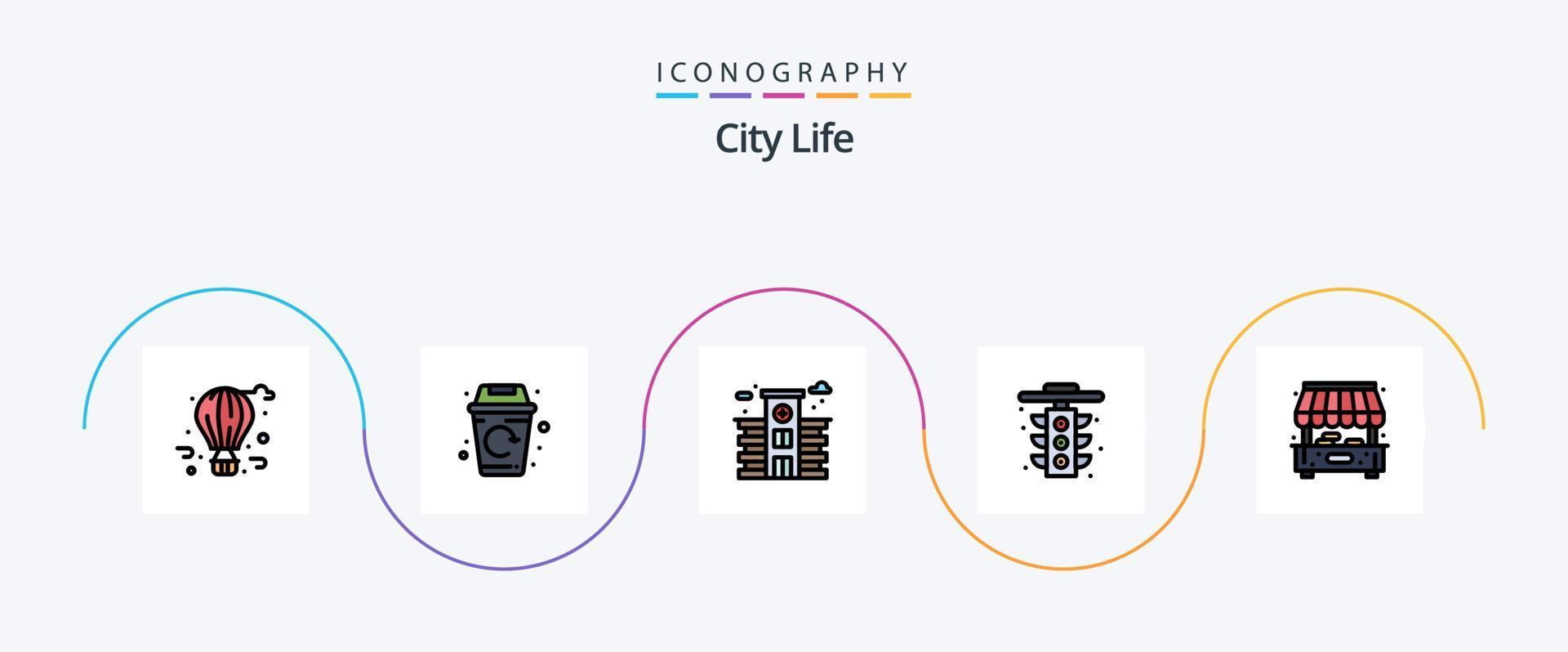 stad liv linje fylld platt 5 ikon packa Inklusive affär. stad. stad. ljus. liv vektor