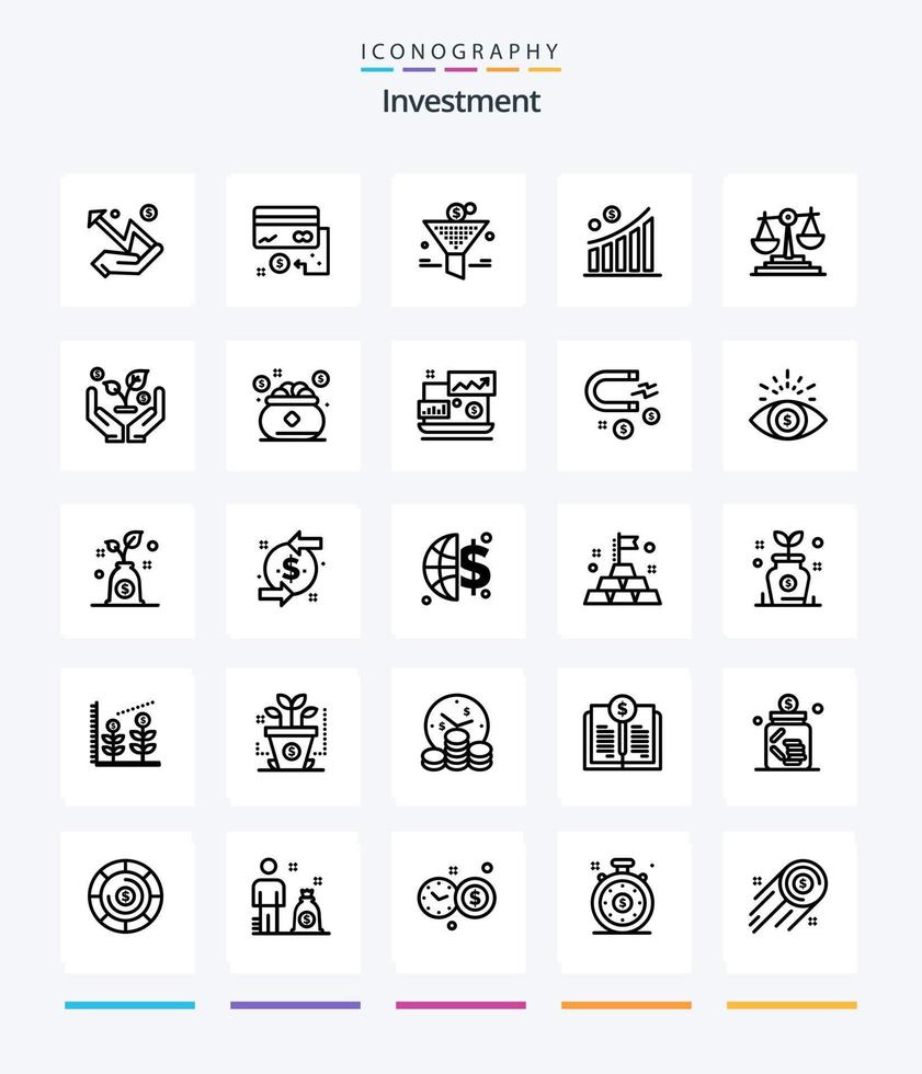 kreativ investering 25 översikt ikon packa sådan som balans. pengar. marknadsföring. Graf. lämna tillbaka på investering vektor