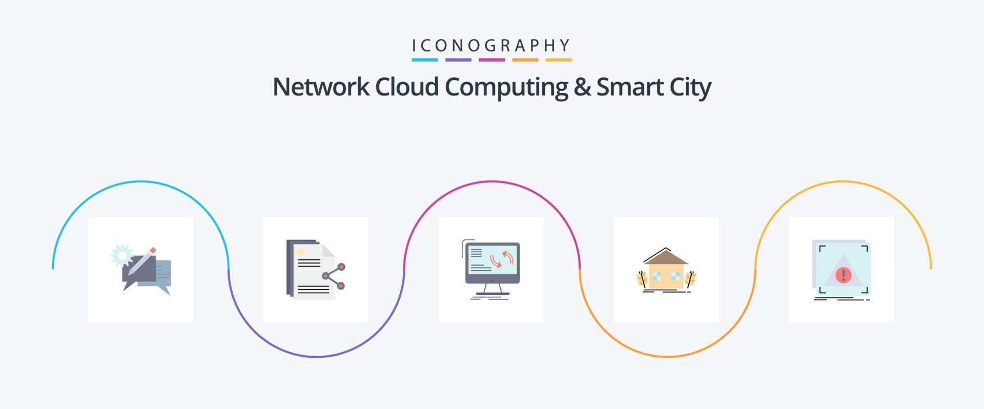 Network Cloud Computing und Smart City Flat 5 Icon Pack inklusive Urban. Aktie. Computer. Information vektor