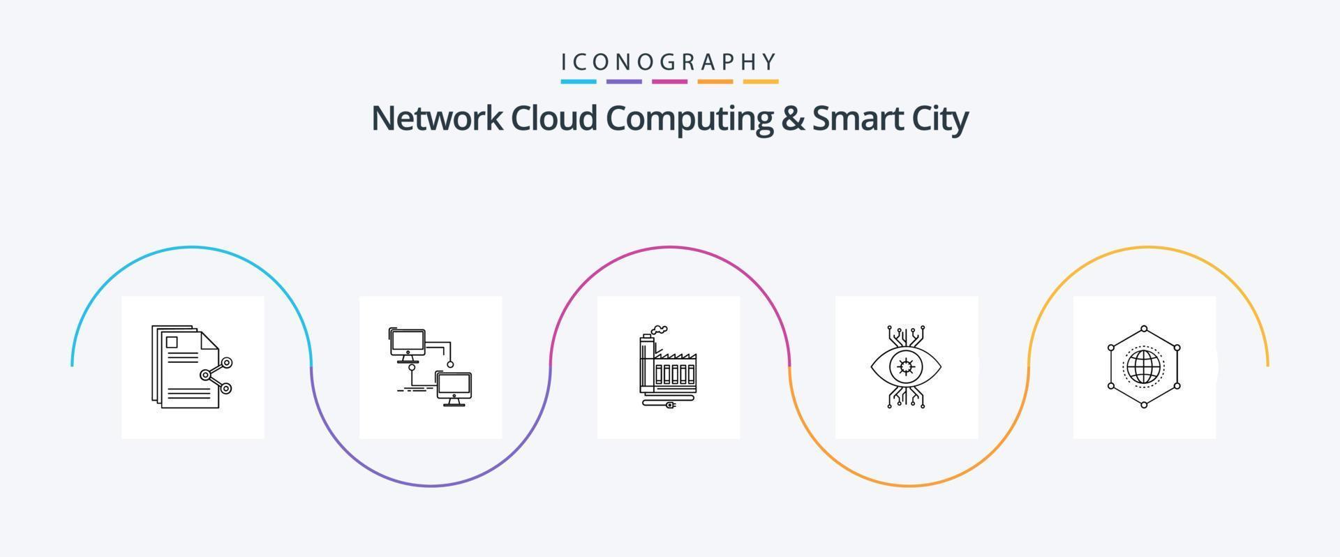 Network Cloud Computing und Smart City Line 5 Icon Pack inklusive Überwachung. synchronisieren. Herstellung. Energie vektor