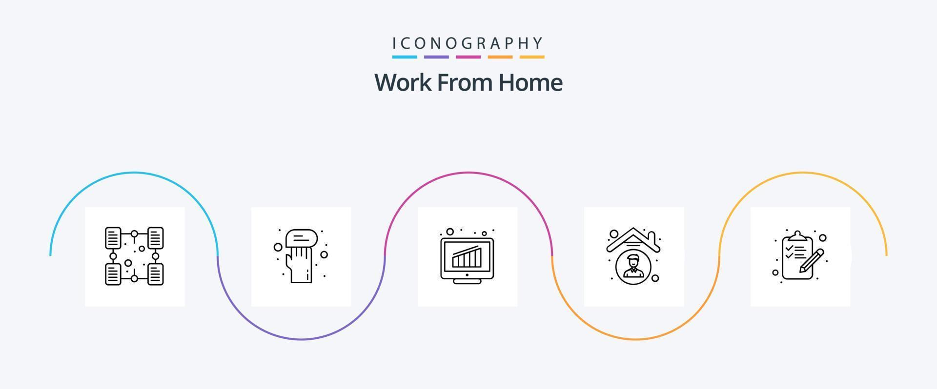 Work from Home Line 5 Icon Pack inklusive Mitarbeiter. drinnen. Plaudern. Haus. Diagramm vektor