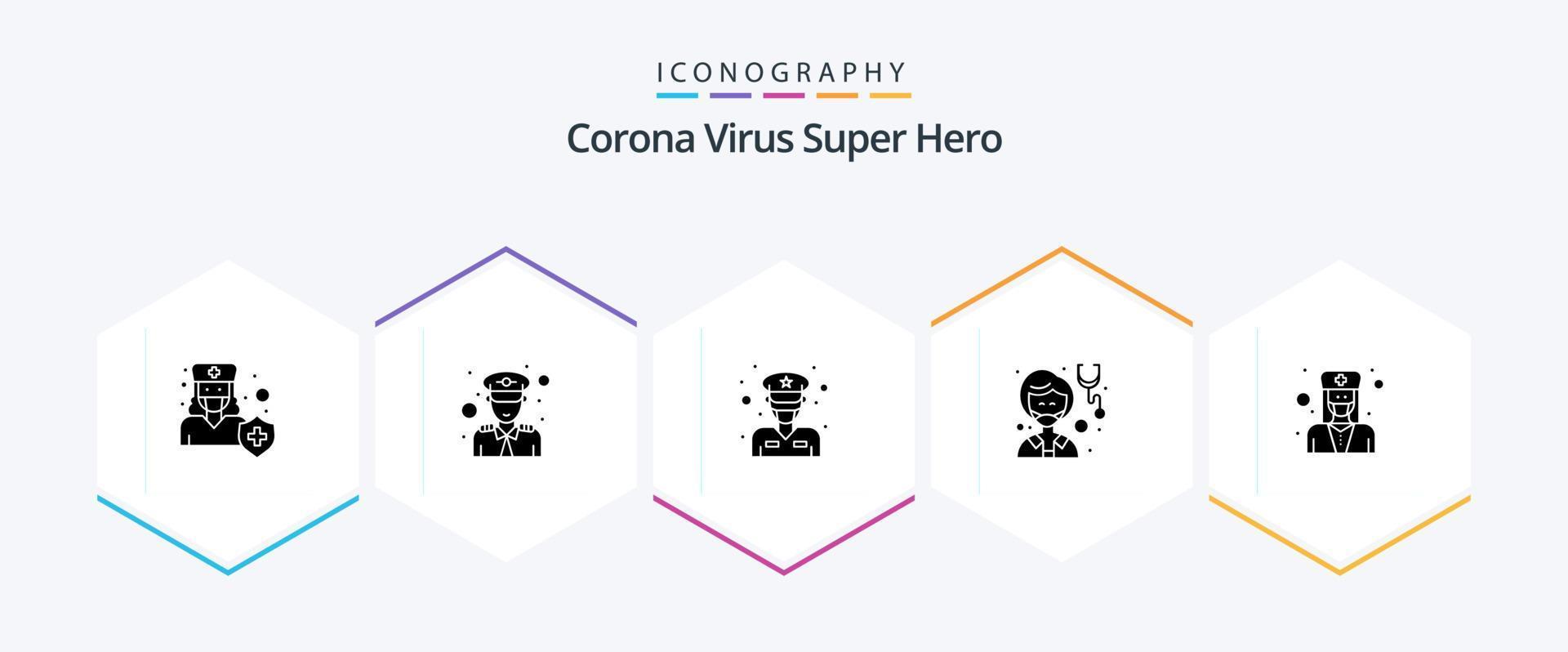 Corona-Virus Superheld 25 Glyphen-Icon-Pack mit Menschen. Arzt. Sicherheit. Benutzerbild. Verkehrspolizei vektor