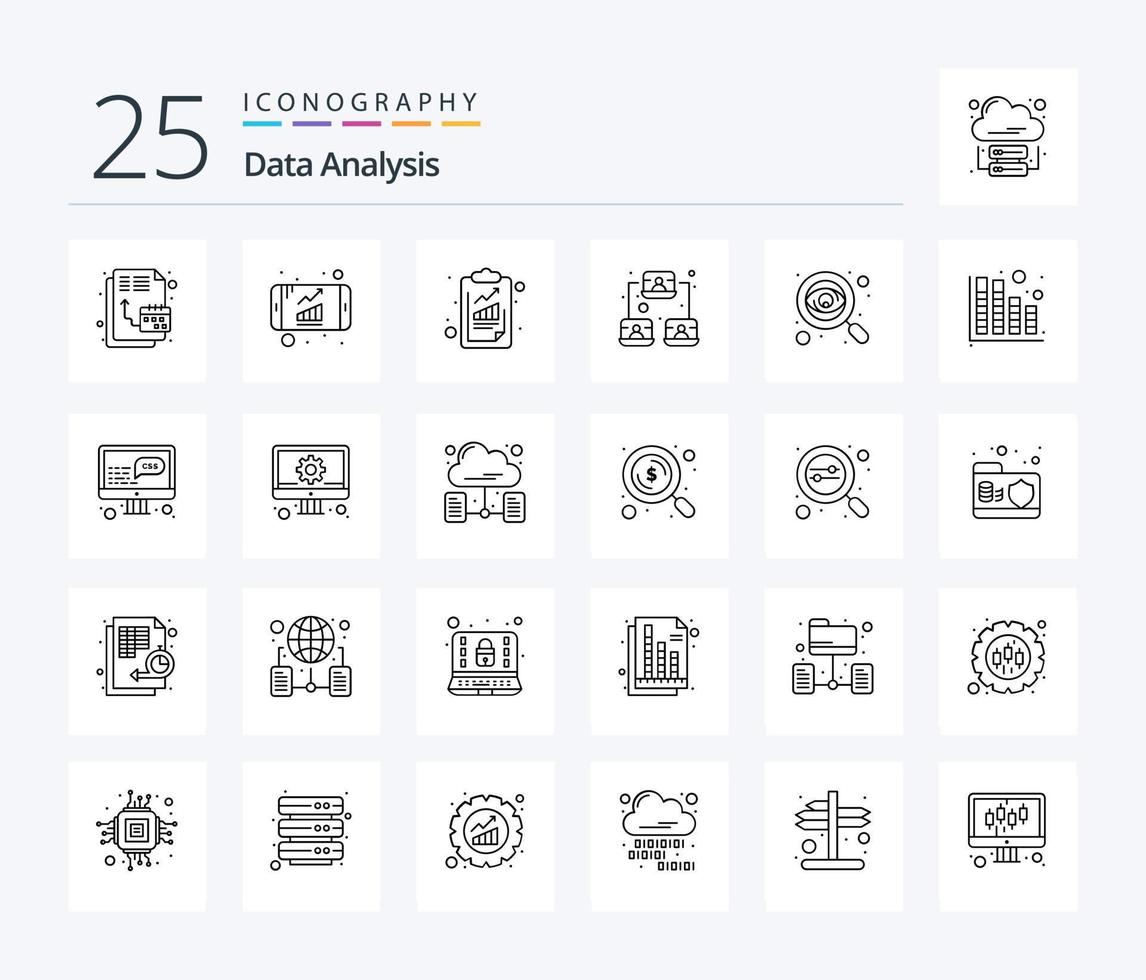 Datenanalyse 25-Zeilen-Icon-Pack mit Daten. Benutzer. Analytik. Profil. Verbindung vektor