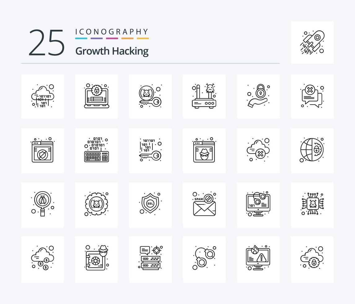 Hacking-Icon-Pack mit 25 Zeilen einschließlich Netzwerk. Internet. sicher. Fehler. Privatgelände vektor