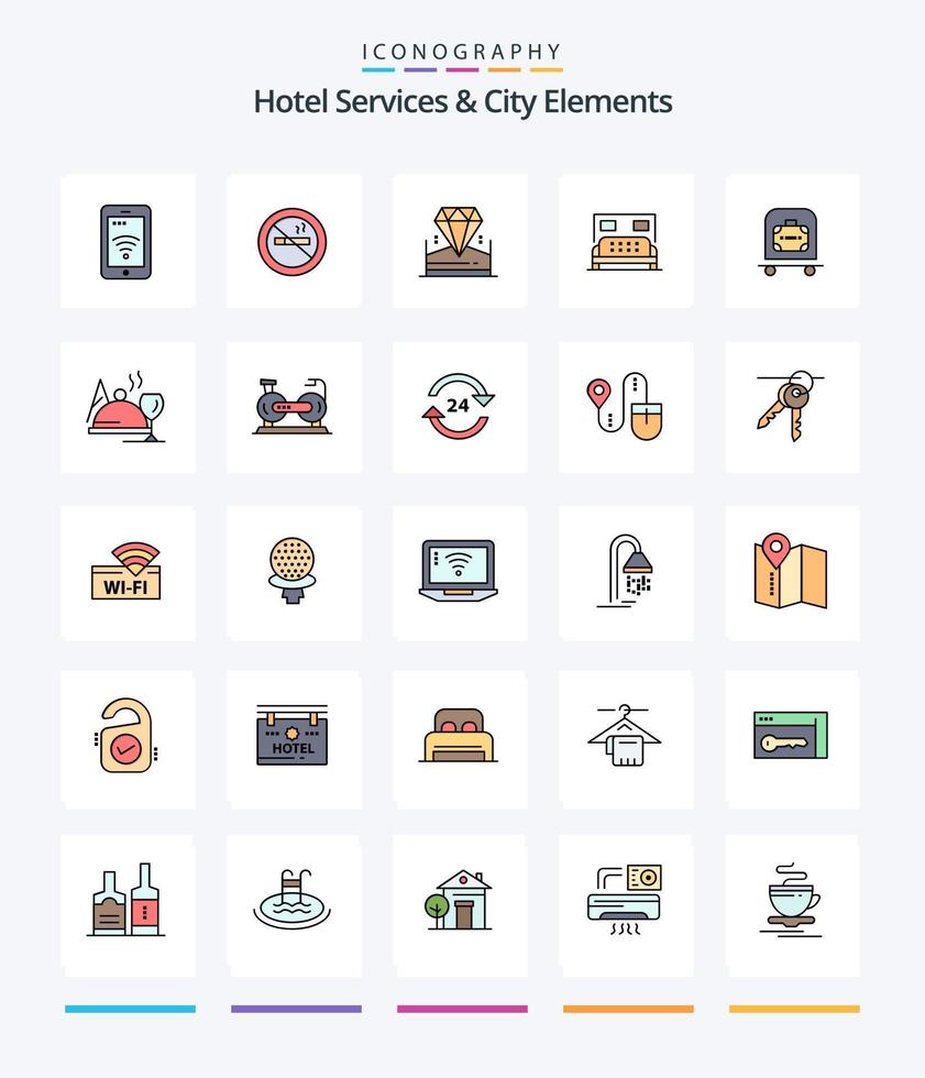 kreative Hotelservices und Stadtelemente 25 Zeilen gefülltes Icon-Pack wie Gepäck. Service. brillant. Schlafzimmer. Hotel vektor