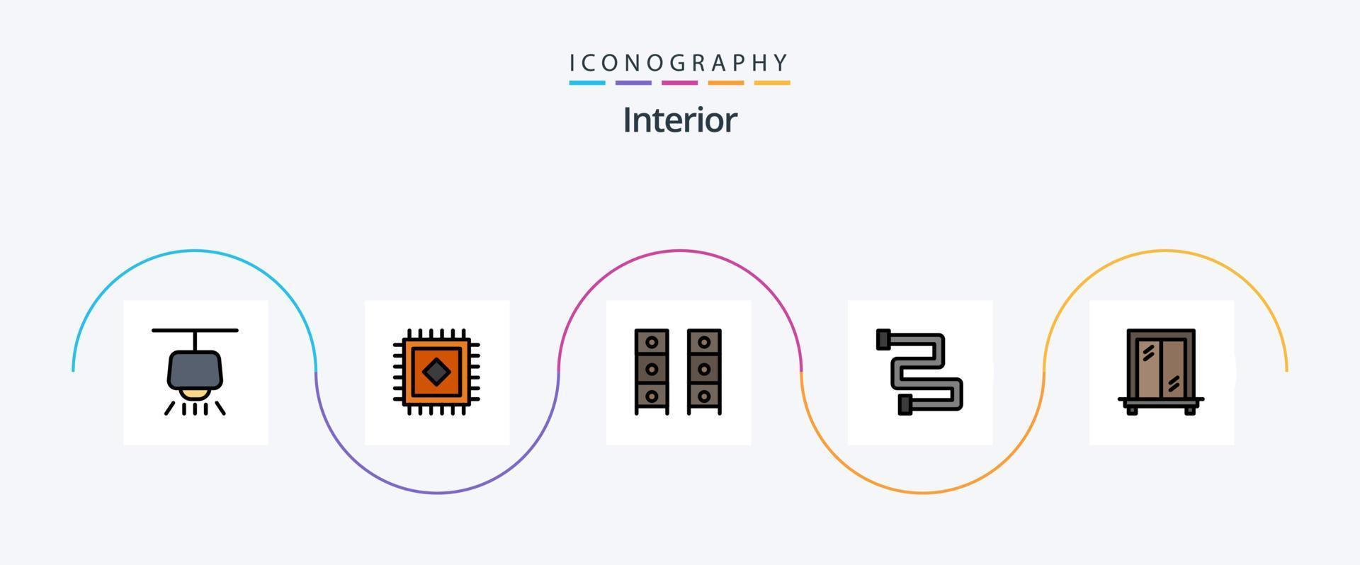 Innenlinie gefülltes flaches 5-Icon-Paket einschließlich . Büro zeichnen. Fenster. Schiene vektor