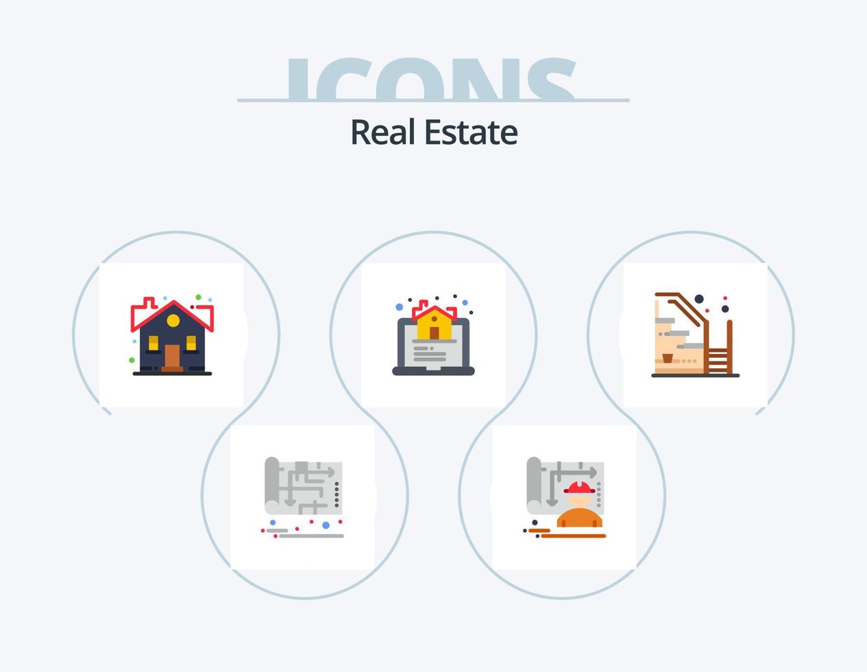 Immobilien-Flachbild-Icon-Pack 5 Icon-Design. online. Haus. Ingenieur. Anwesen. süßes Zuhause vektor