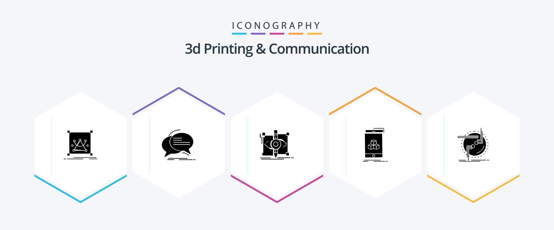 3D-Druck und Kommunikation 25-Glyphen-Icon-Pack inklusive Smartphone. boxd. Rede. visuell. skizzieren vektor