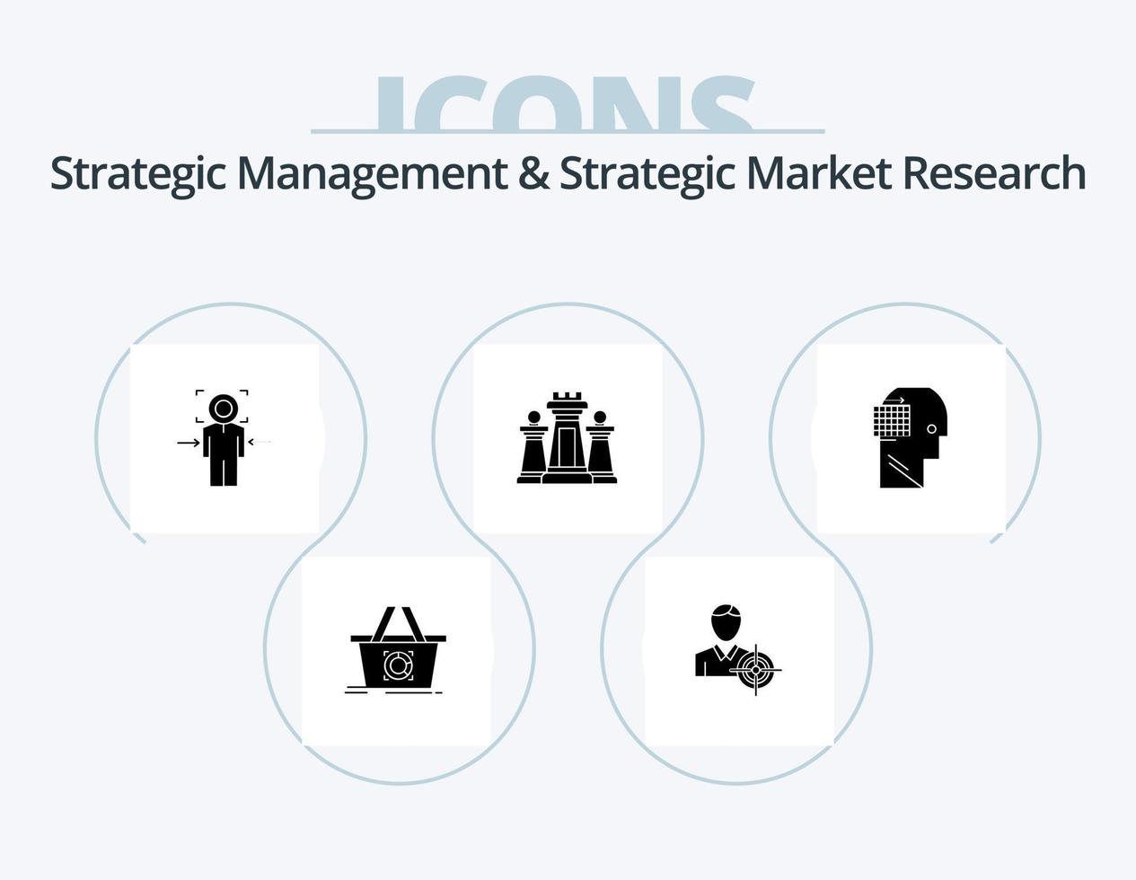 strategisk förvaltning och strategisk marknadsföra forskning glyf ikon packa 5 ikon design. teknologi. strategi. man. dator. mål vektor