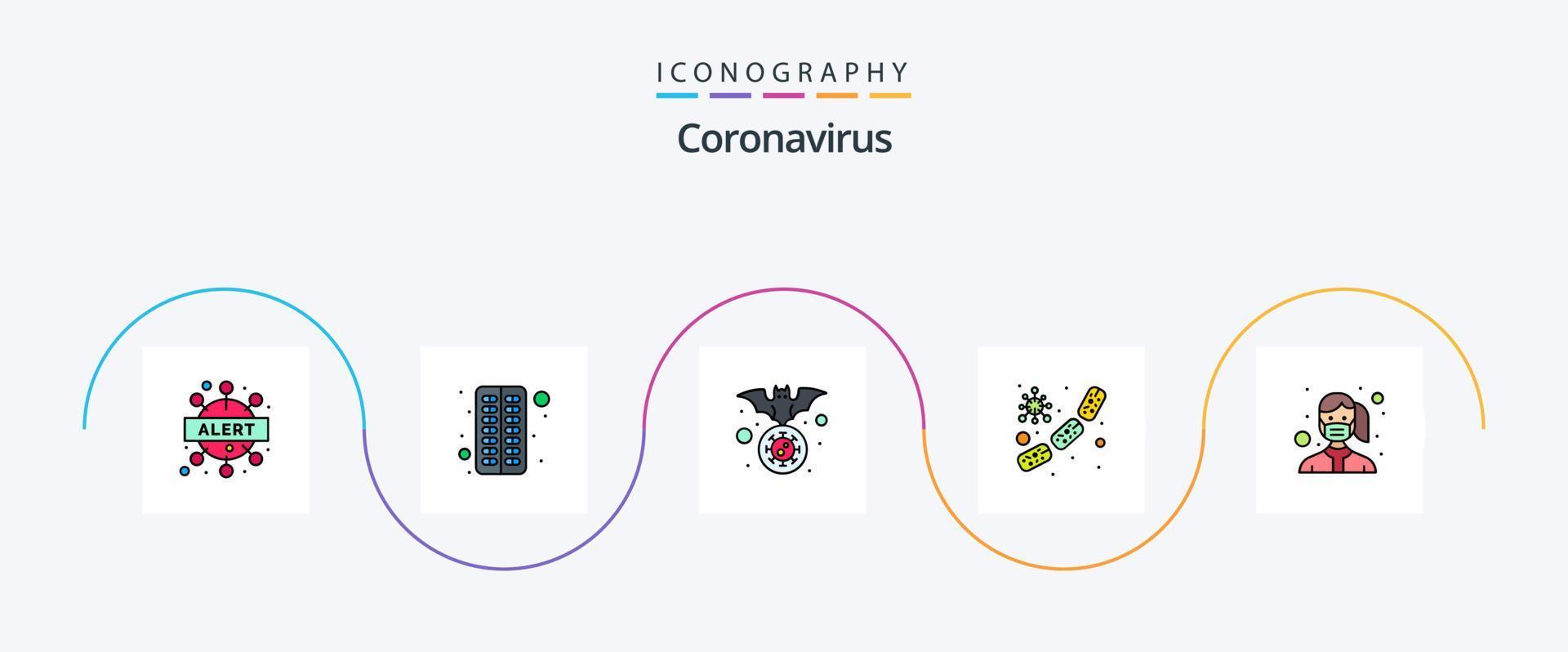 Mit Coronavirus-Linie gefülltes flaches 5-Icon-Pack mit Blut. Mikrobe. Schläger. Keime. Virus vektor