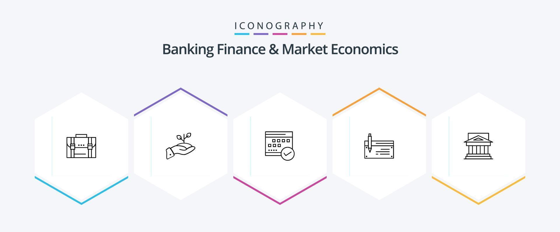 Bankwesen, Finanzen und Marktwirtschaft 25-Zeilen-Icon-Pack inklusive Kalender. genehmigt. Wohltätigkeit. Zeitplan. Geld vektor