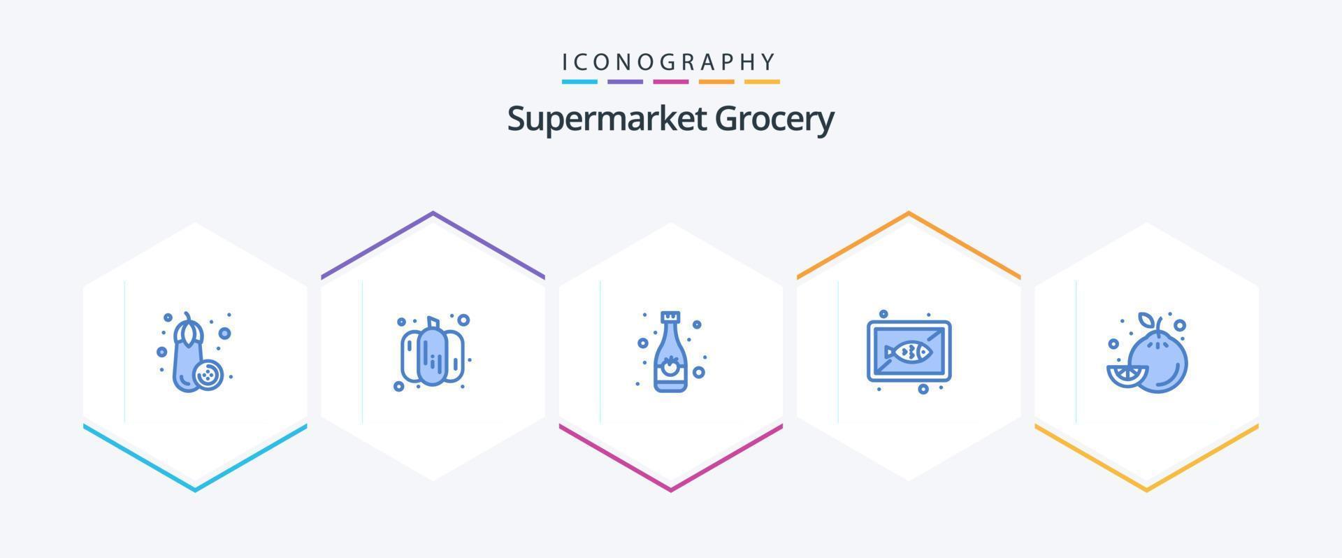 Lebensmittelgeschäft 25 blaues Symbolpaket einschließlich Zitrone. Essen. trinken. kochen. Planke vektor