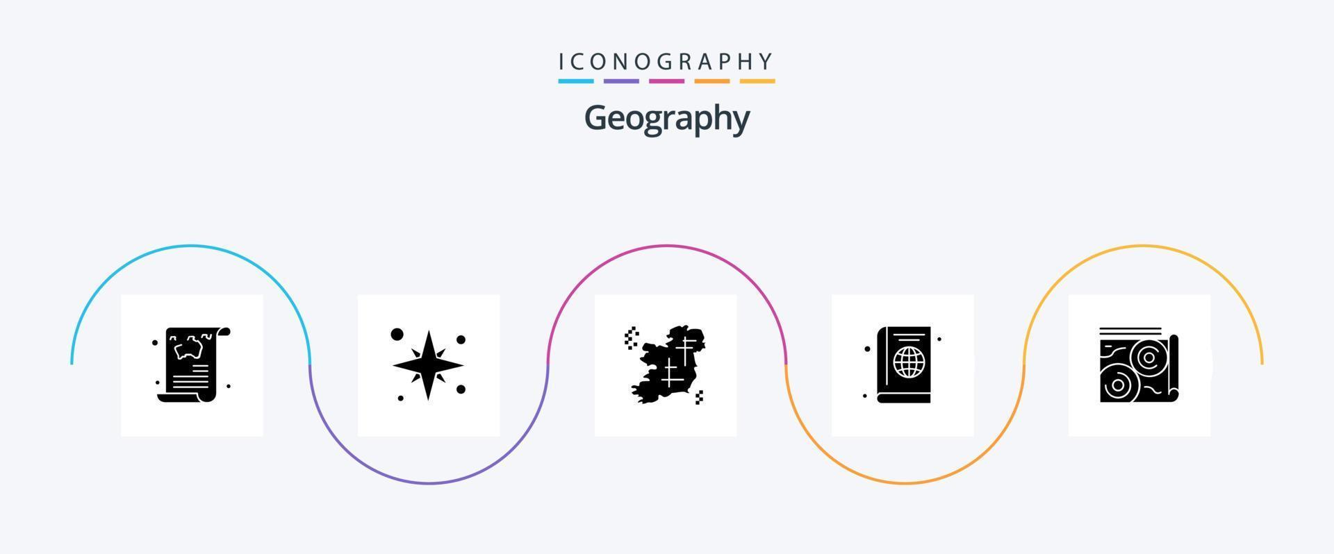 Geographie Glyphe 5 Icon Pack inklusive Cover. Reisepass. Strand. irisch. Standort vektor