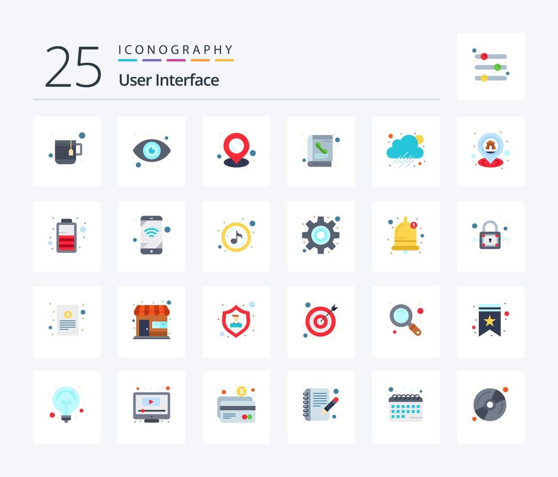 användare gränssnitt 25 platt Färg ikon packa Inklusive Hem. väder. effektivisera. regnig. telefon bok vektor
