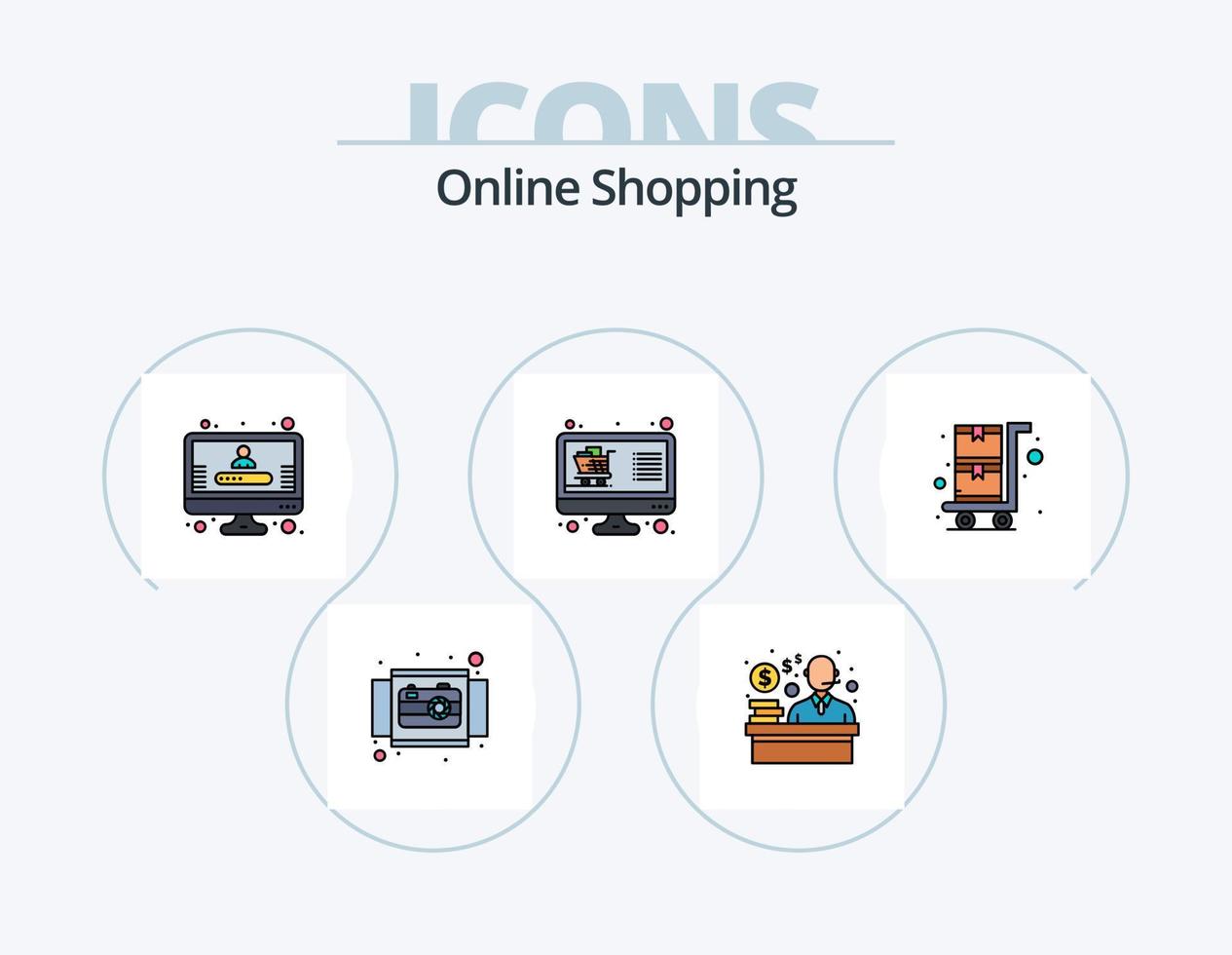 Online-Shopping-Linie gefüllt Icon Pack 5 Icon Design. Produkt. besorgen. Handy, Mobiltelefon. Wagen. mobiles einkaufen vektor