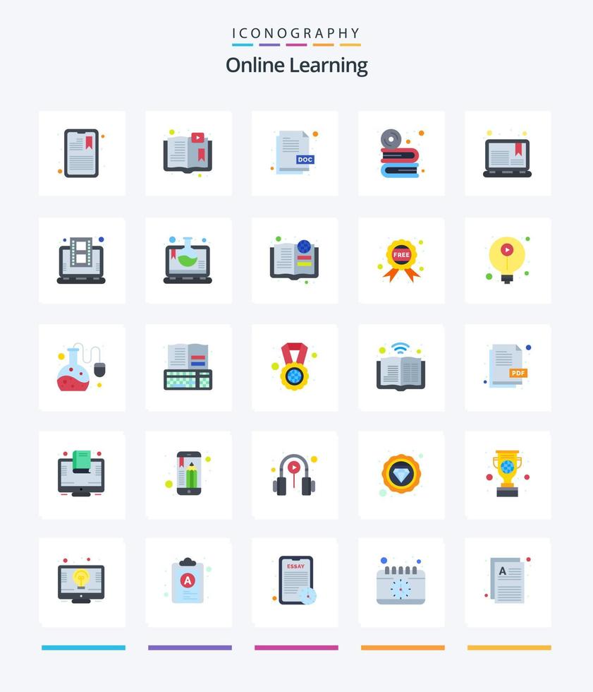 kreatives Online-Lernen 25 Flat Icon Pack wie Software. DVD. lernen. Rabatt. dokumentieren vektor