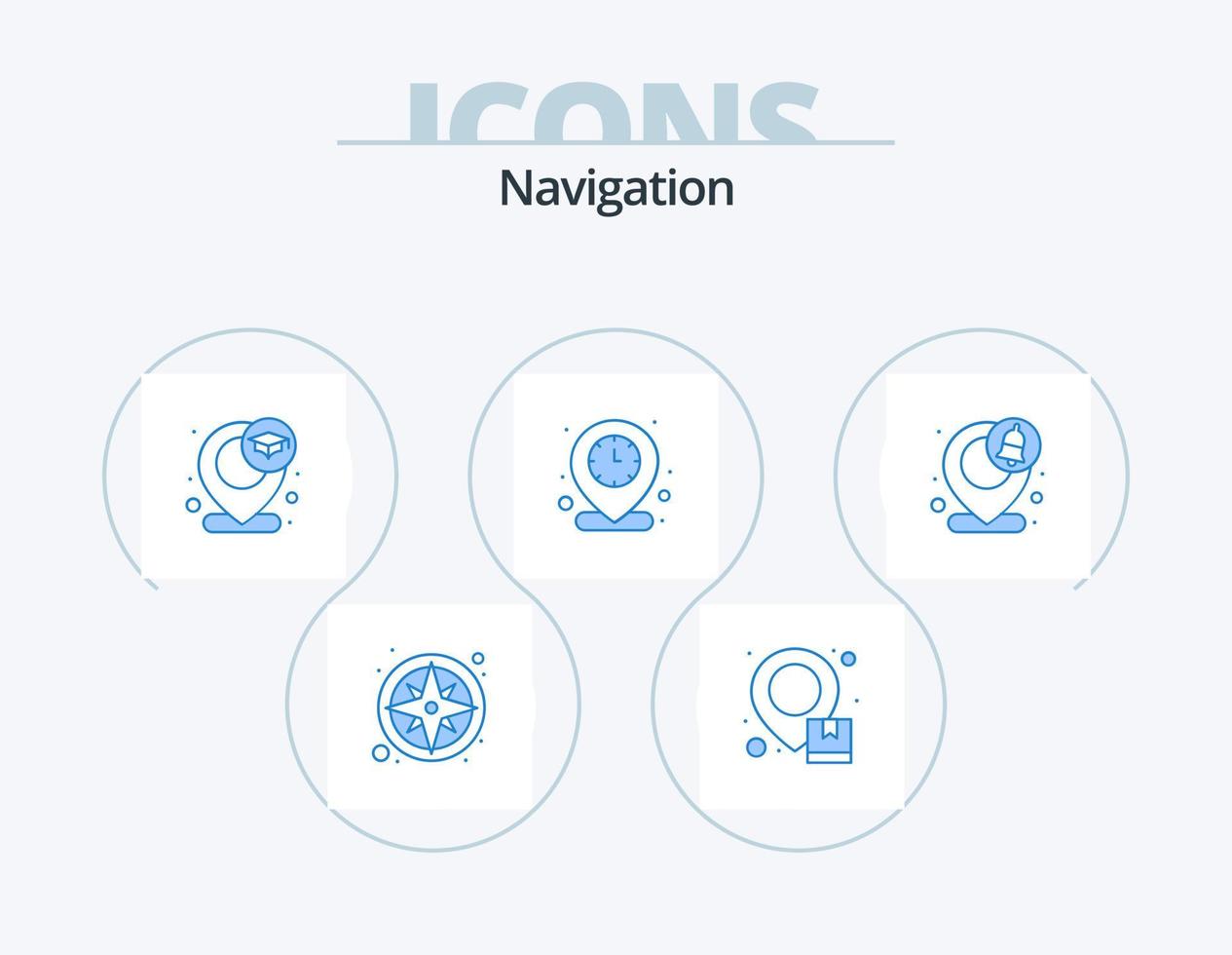 Navigation blau Icon Pack 5 Icon-Design. Benachrichtigung. Zeit. Karte. Standort. Universität vektor