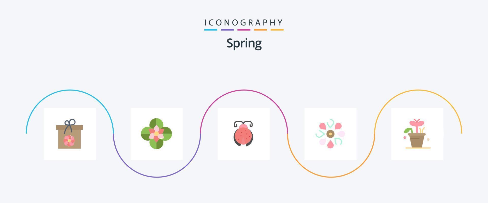 vår platt 5 ikon packa Inklusive tillväxt. natur. skalbagge. blommig. blomma vektor