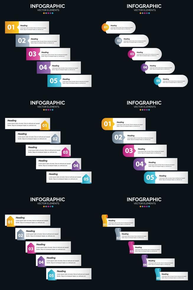 Vektor 6 Infografiken Pack Präsentationsfolie Vorlage 5 Schritte Zyklusdiagramme und Zeitleisten