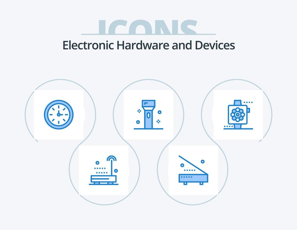Geräte blau Icon Pack 5 Icon Design. Technologie. Taschenlampe. Hardware. Elektronik. Werkzeug vektor