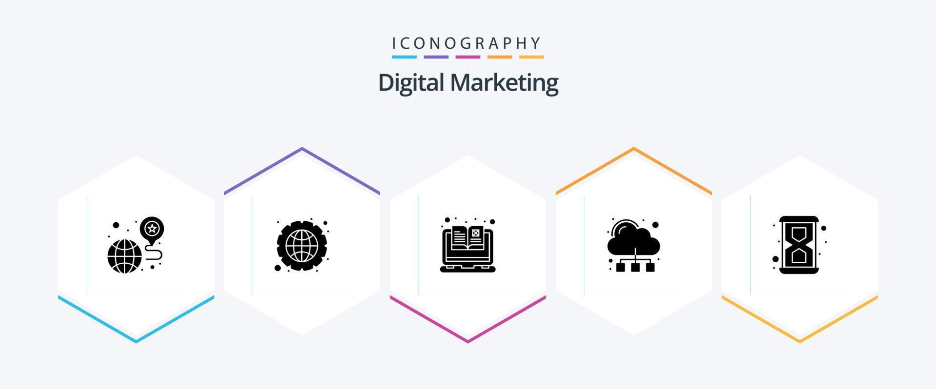 digital marknadsföring 25 glyf ikon packa Inklusive timme. bok. delning. moln vektor