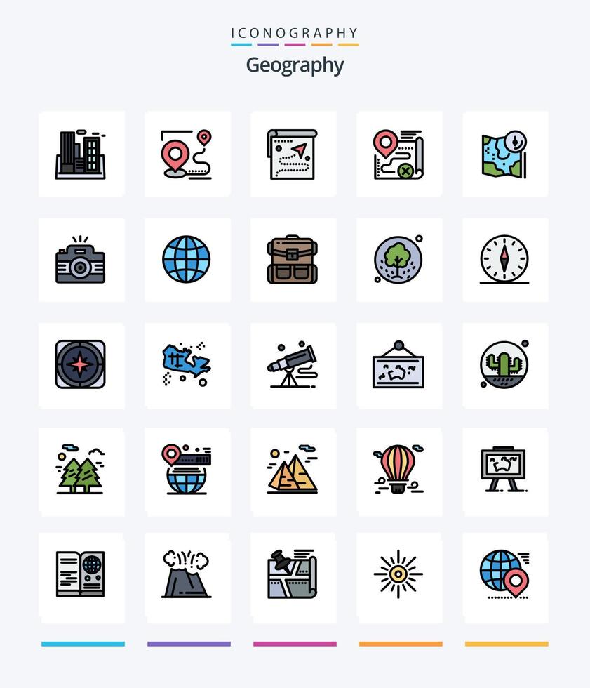 kreative geografie 25 zeilengefülltes symbolpaket wie gps. Karte. Ziel. stornieren. Ziel vektor