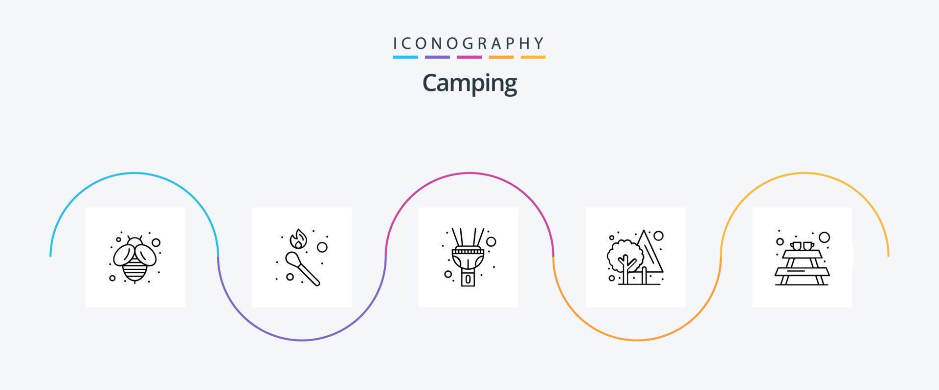 camping linje 5 ikon packa Inklusive . picknick. ljus. bänk. träd vektor