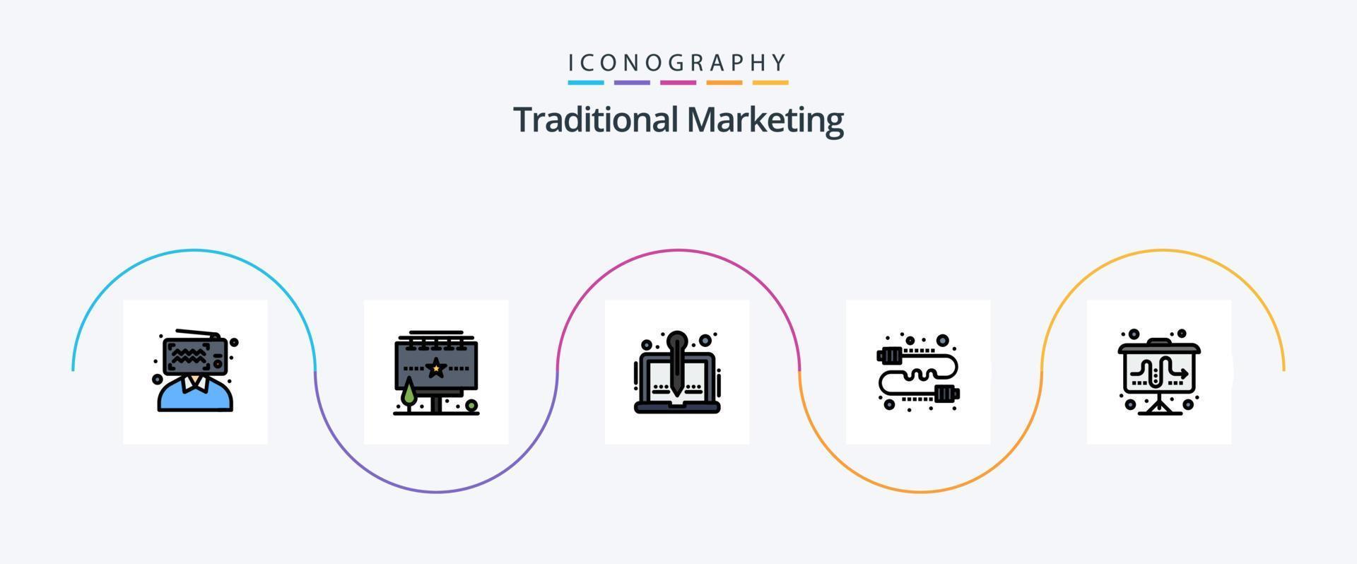 traditionelle Marketinglinie gefülltes flaches 5-Icon-Paket einschließlich Marketing. Direkte. Inhalt. Kommunikation. Schriftsteller vektor