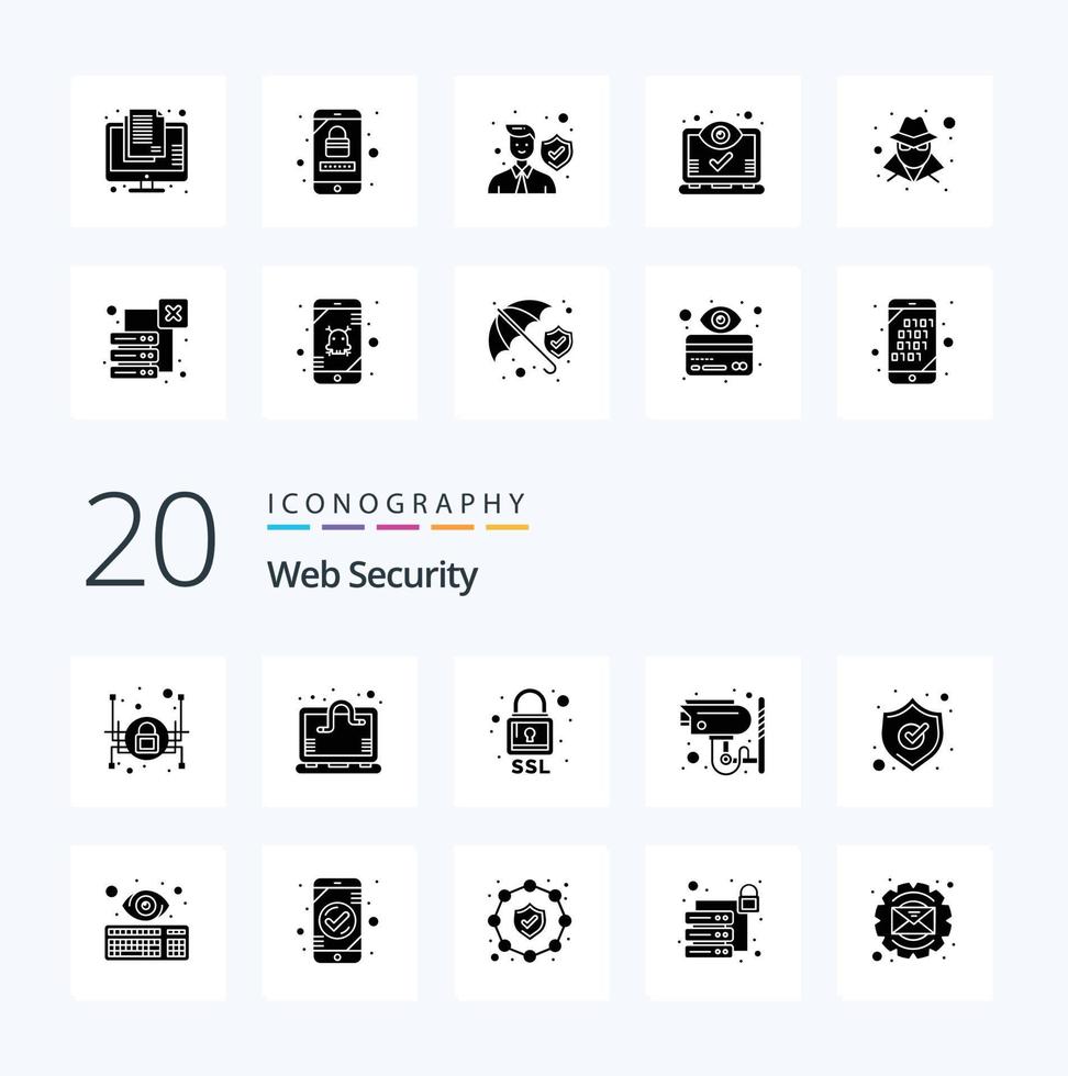 20 Web Security Solid Glyph Icon Pack wie Schildschutz Sicherheitsschutz CCTV vektor