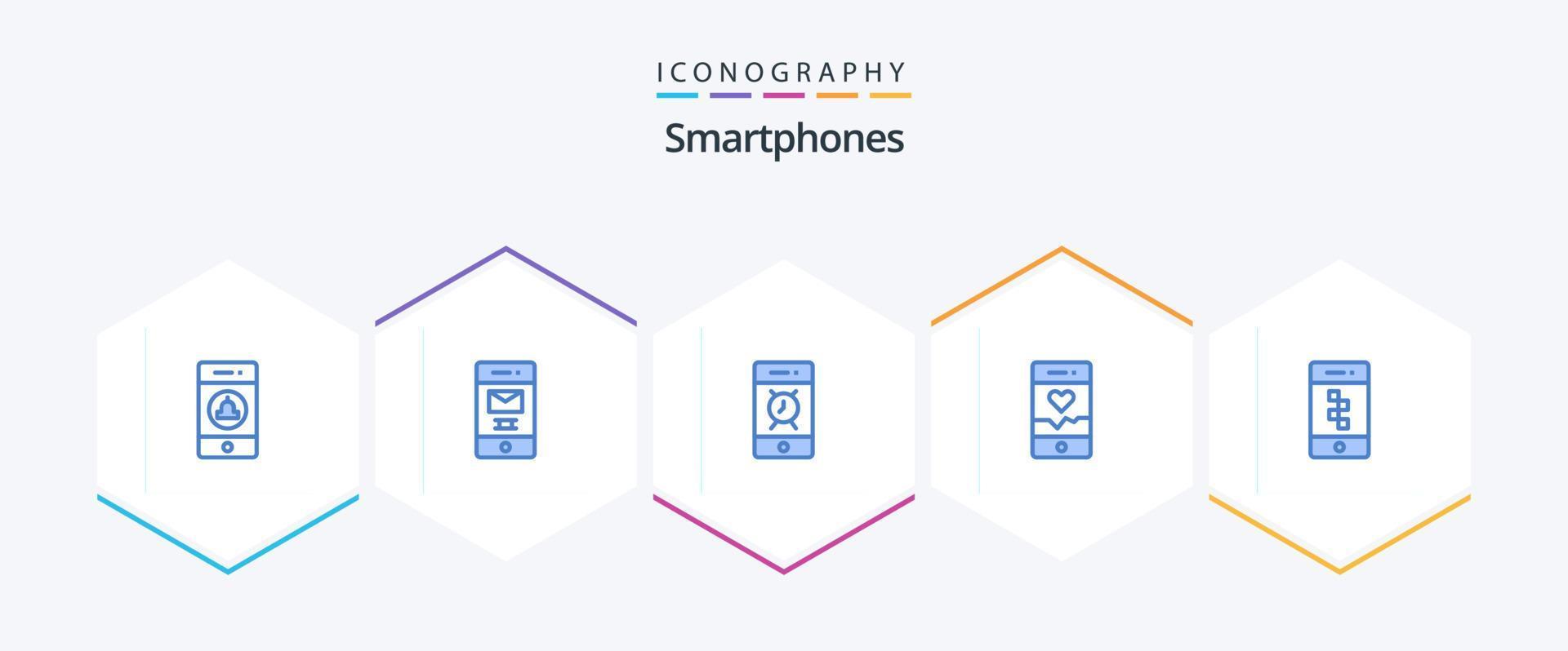 Smartphones 25 Blue Icon Pack inklusive Kommunikation. Sport. Alarm. Smartphone. Analyse vektor