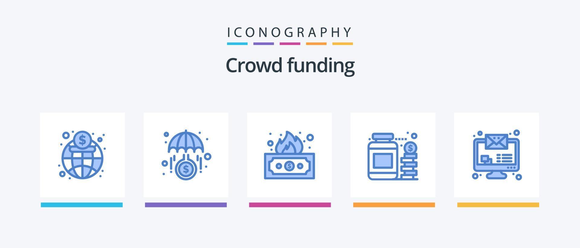 crowdfunding blå 5 ikon packa Inklusive meddelande. besparingar. riskabel. pengar. valuta. kreativ ikoner design vektor