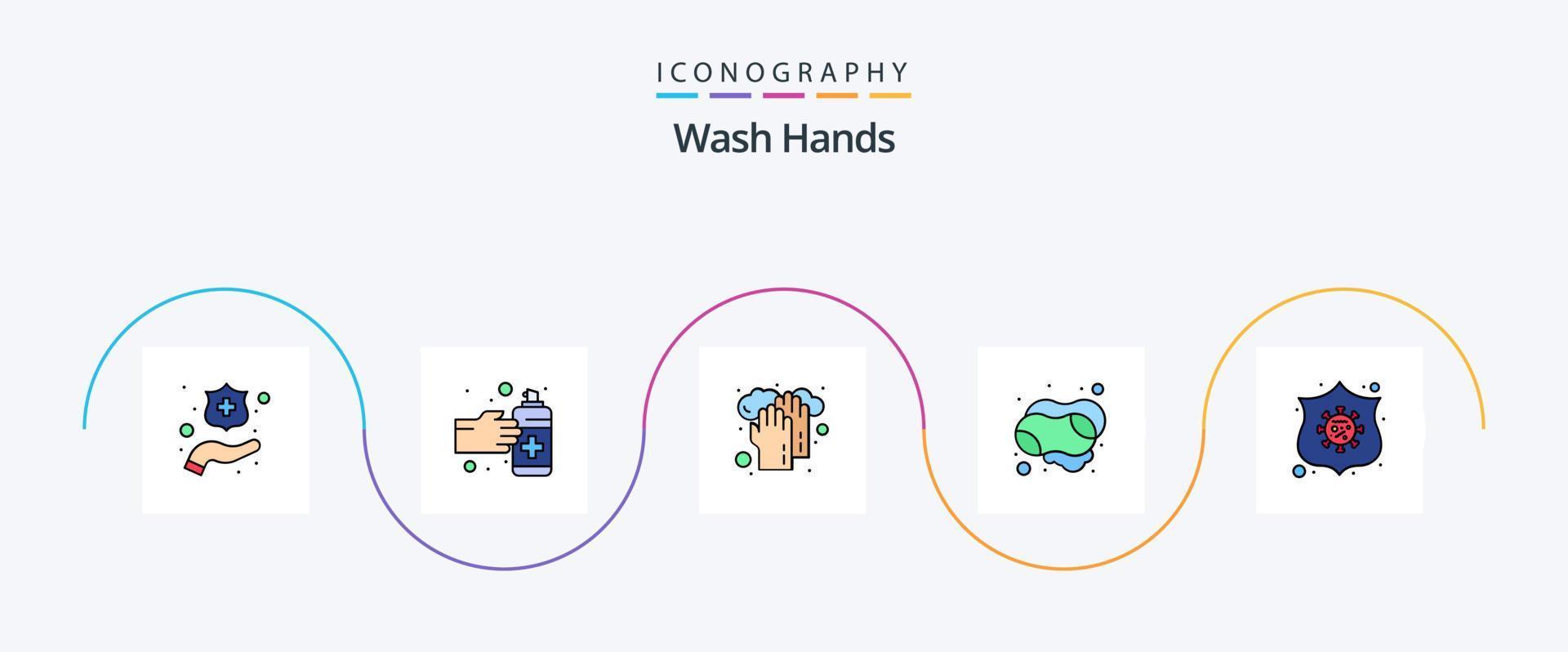 tvätta händer linje fylld platt 5 ikon packa Inklusive skydda. skydd. händer. hand tvål. hand vektor