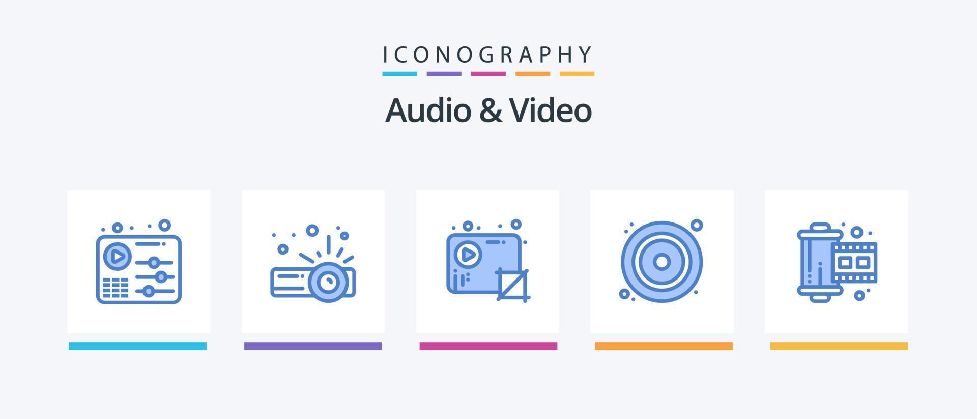 audio och video blå 5 ikon packa Inklusive filma. video. beskära. dvd. CD. kreativ ikoner design vektor