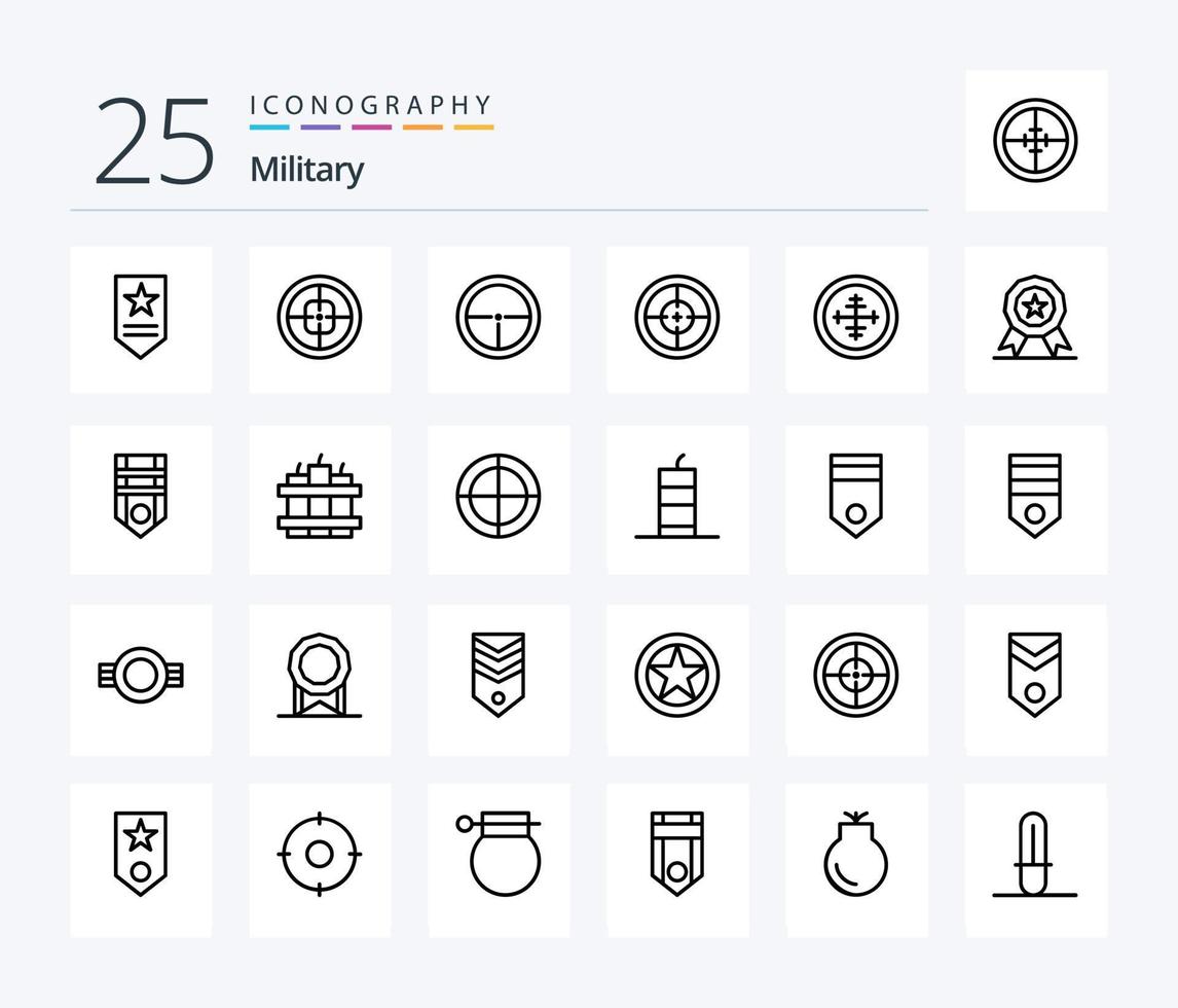 militär 25 linje ikon packa Inklusive timer. bomba. tilldela. rand. militär vektor