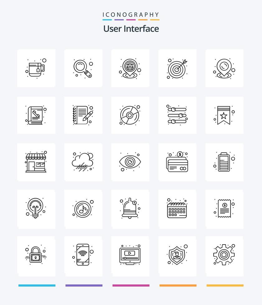 kreativ användare gränssnitt 25 översikt ikon packa sådan som bok. stift. plats. Karta. mål vektor