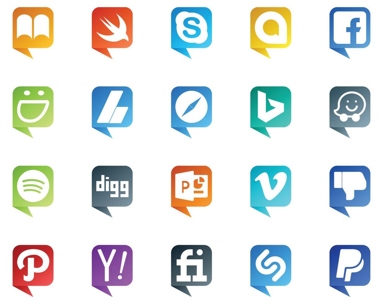 20 social media Tal bubbla stil logotyp tycka om video powerpoint annonser digg waze vektor