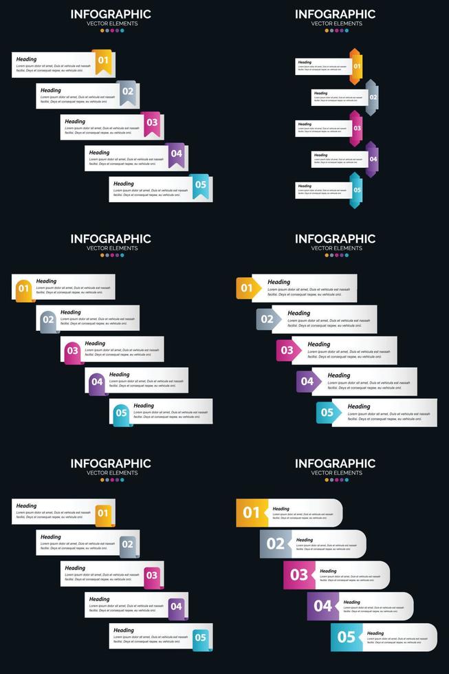 Vektor 6 Infografiken Pack Präsentationsfolie Vorlage 5 Schritte Zyklusdiagramme und Zeitleisten