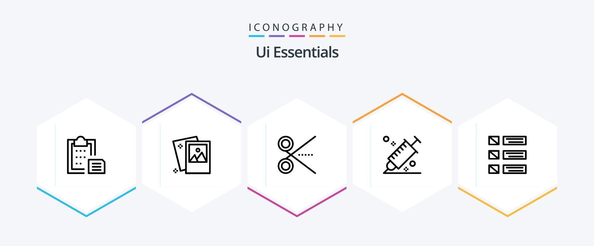 ui väsentliga 25 linje ikon packa Inklusive design. Färg. fotografi. ui. sax vektor